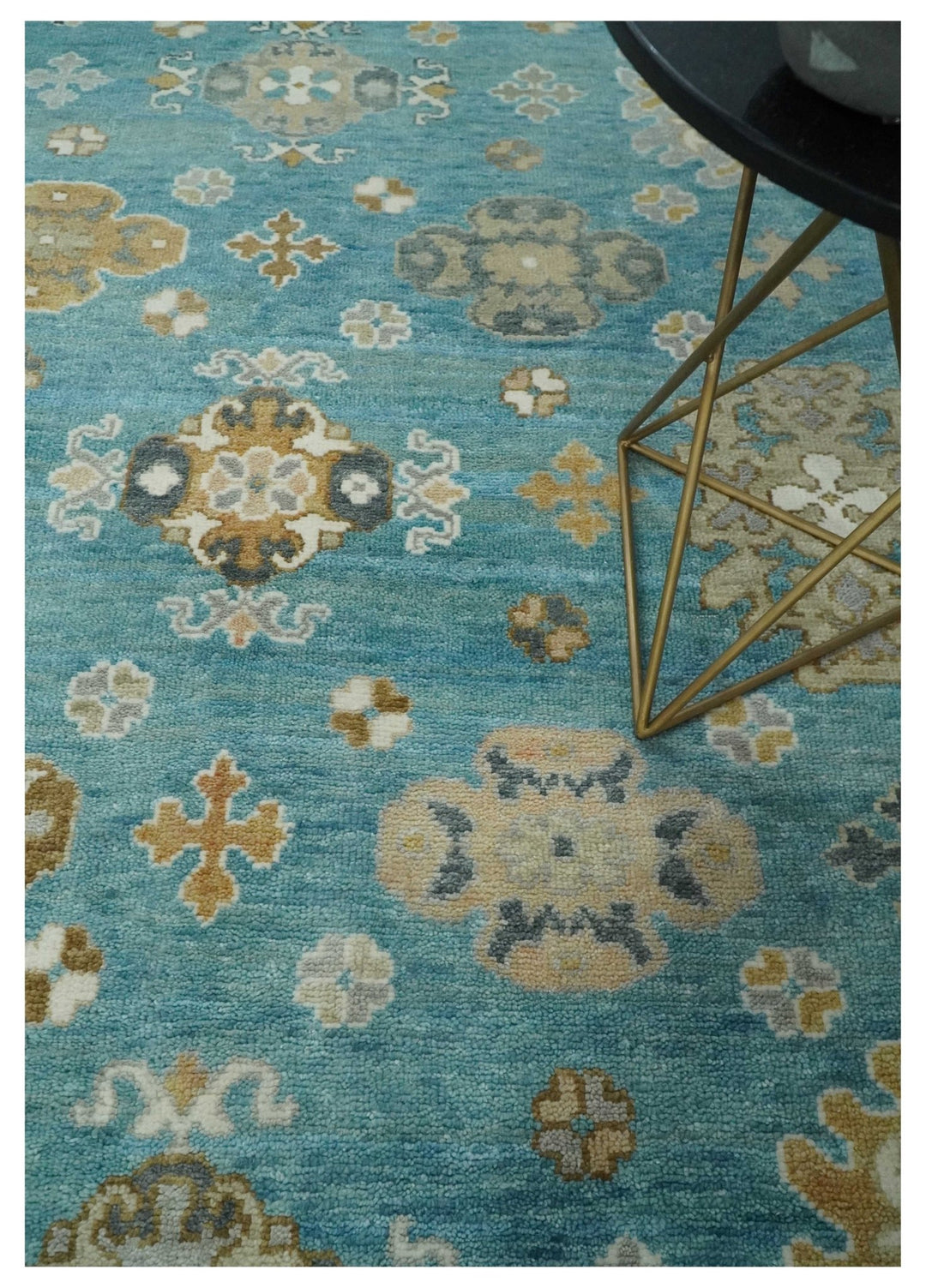 8x10 Hand Knotted Aqua and Ivory Traditional Oushak Wool Area Rug - The Rug Decor