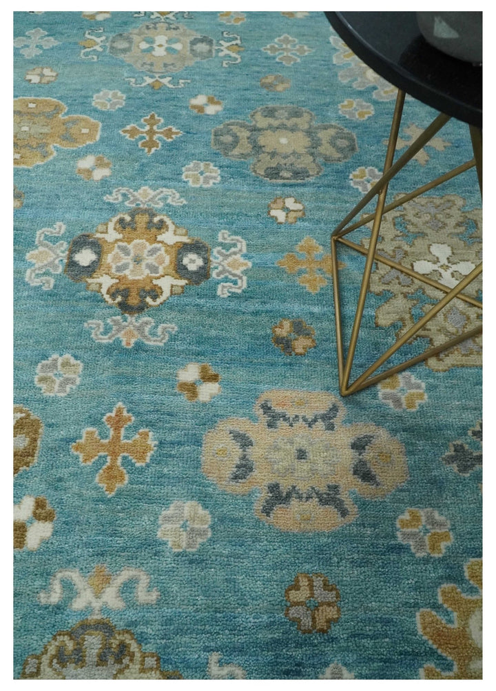 8x10 Hand Knotted Aqua and Ivory Traditional Oushak Wool Area Rug - The Rug Decor