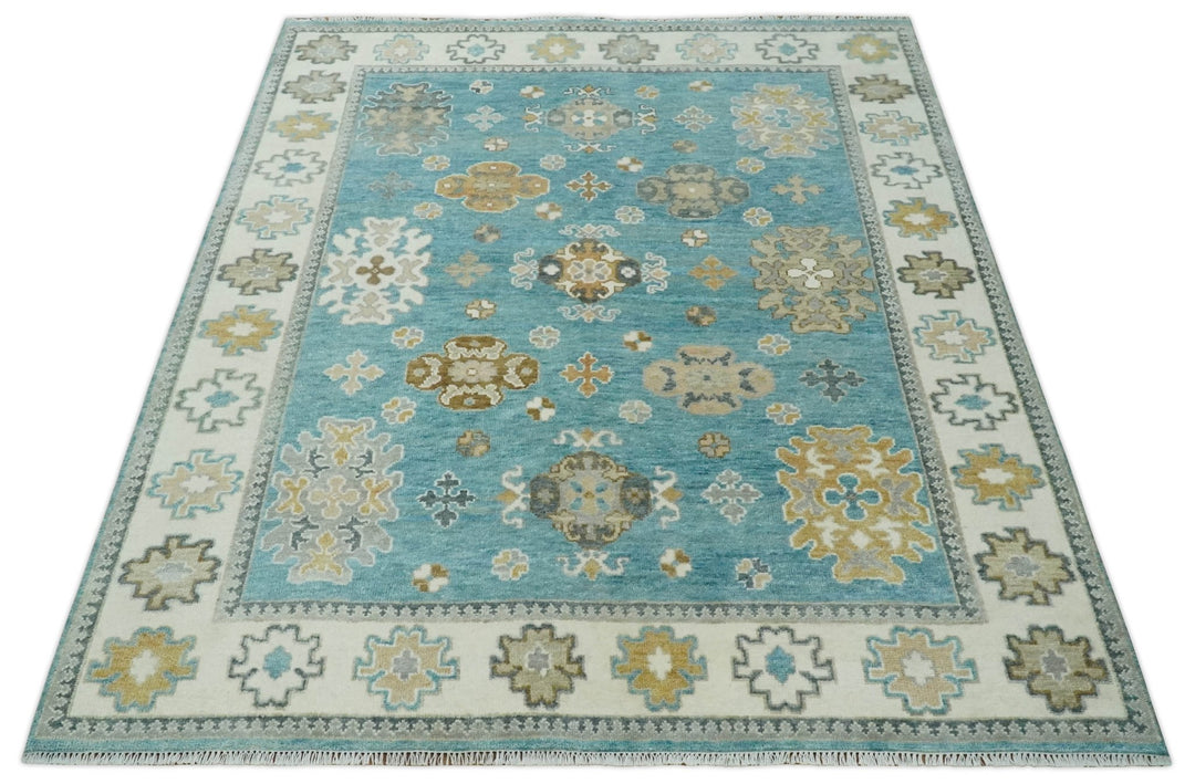 8x10 Hand Knotted Aqua and Ivory Traditional Oushak Wool Area Rug - The Rug Decor