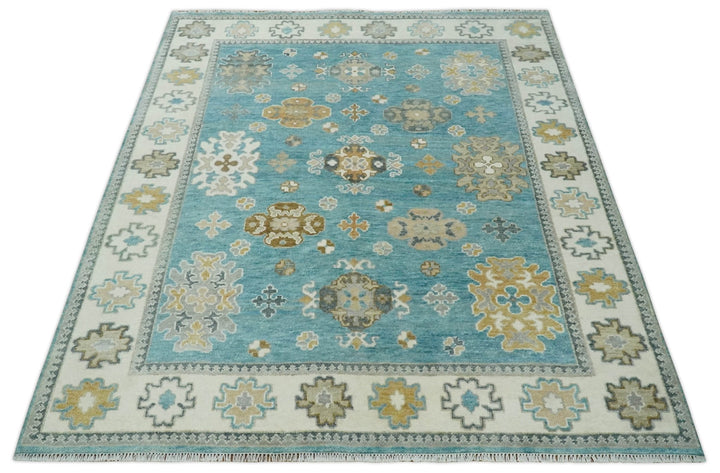 8x10 Hand Knotted Aqua and Ivory Traditional Oushak Wool Area Rug - The Rug Decor