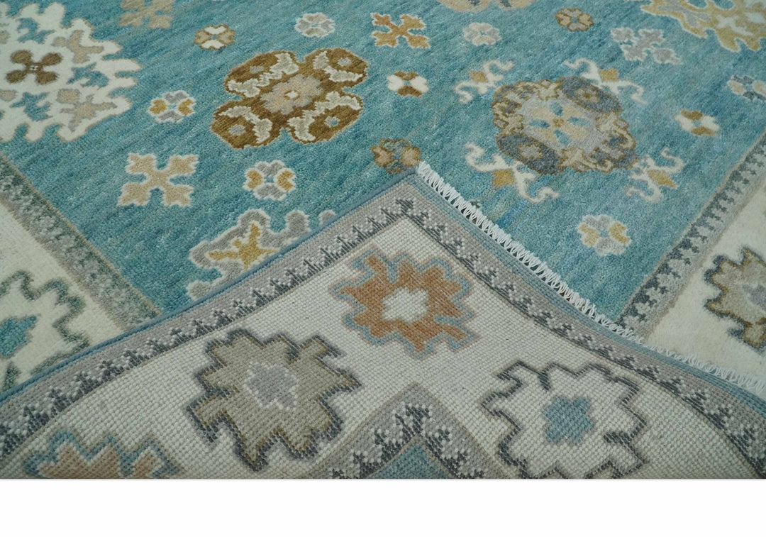 8x10 Hand Knotted Aqua and Ivory Traditional Oushak Wool Area Rug - The Rug Decor