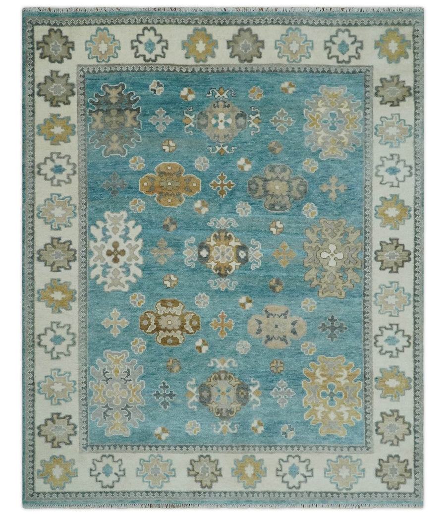 8x10 Hand Knotted Aqua and Ivory Traditional Oushak Wool Area Rug - The Rug Decor