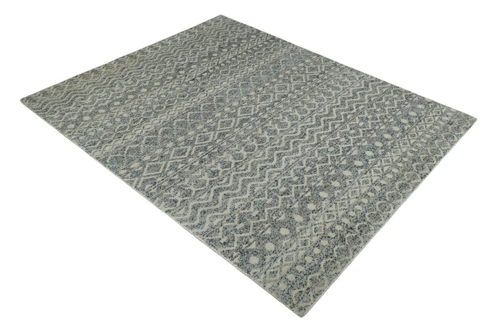 8x10 Hand Knotted Beige, Gray and Blue Modern Contemporary Southwestern Tribal Trellis Recycled Silk Area Rug | OP44 - The Rug Decor