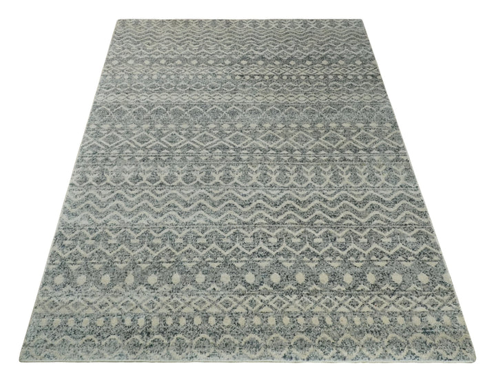 8x10 Hand Knotted Beige, Gray and Blue Modern Contemporary Southwestern Tribal Trellis Recycled Silk Area Rug | OP44 - The Rug Decor