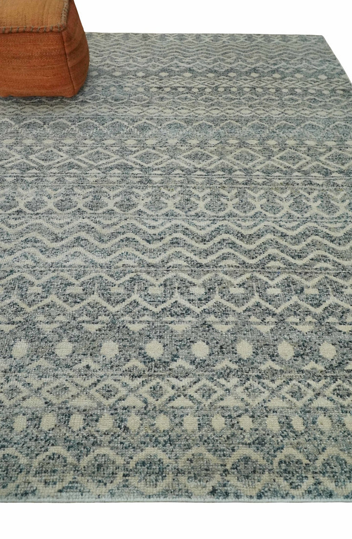 8x10 Hand Knotted Beige, Gray and Blue Modern Contemporary Southwestern Tribal Trellis Recycled Silk Area Rug | OP44 - The Rug Decor