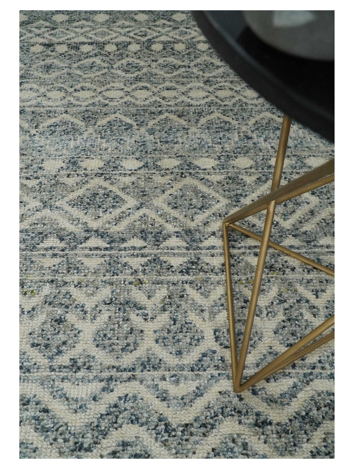 8x10 Hand Knotted Beige, Gray and Blue Modern Contemporary Southwestern Tribal Trellis Recycled Silk Area Rug | OP44 - The Rug Decor