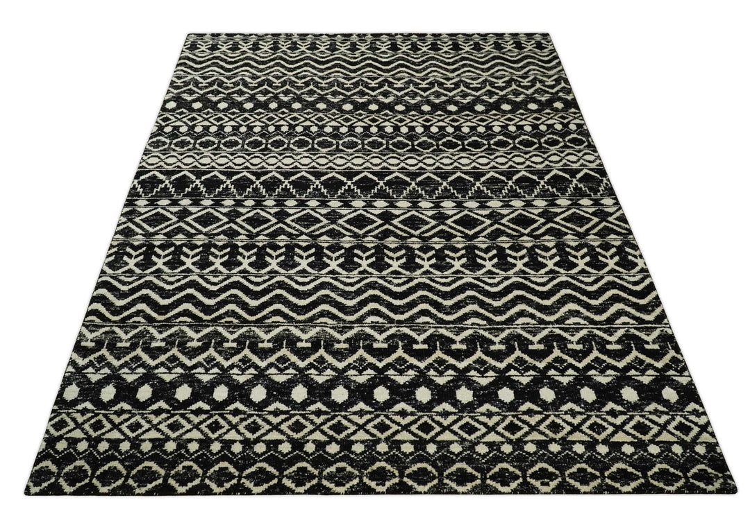 8x10 Hand Knotted Black and Ivory Modern Contemporary Southwestern Tribal Trellis Recycled Silk Area Rug | OP11 - The Rug Decor