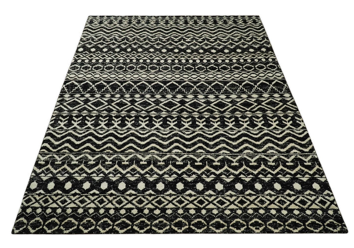 8x10 Hand Knotted Black and Ivory Modern Contemporary Southwestern Tribal Trellis Recycled Silk Area Rug | OP11 - The Rug Decor