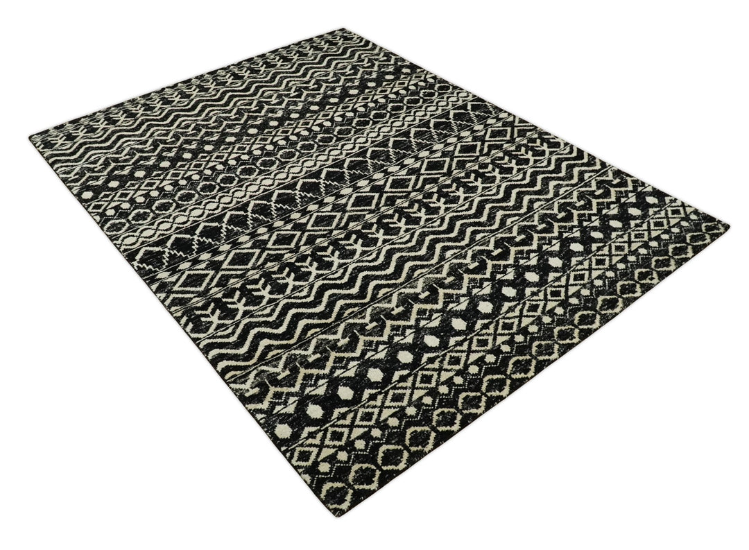 8x10 Hand Knotted Black and Ivory Modern Contemporary Southwestern Tribal Trellis Recycled Silk Area Rug | OP11 - The Rug Decor
