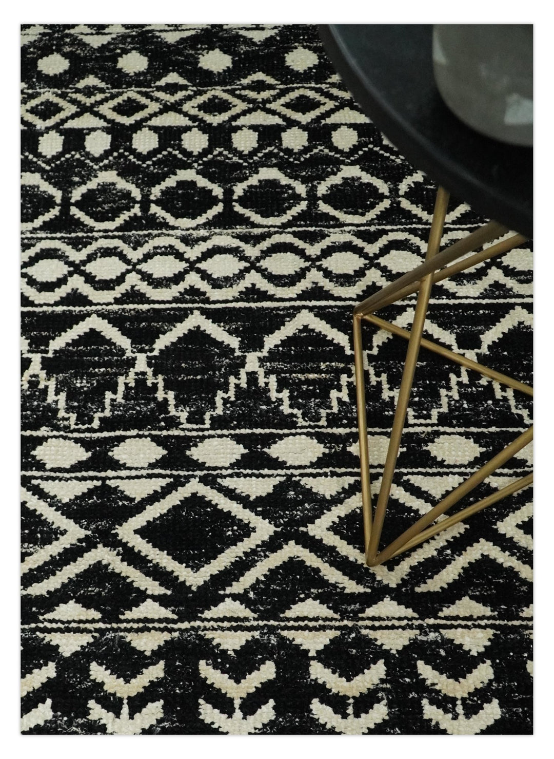 8x10 Hand Knotted Black and Ivory Modern Contemporary Southwestern Tribal Trellis Recycled Silk Area Rug | OP11 - The Rug Decor