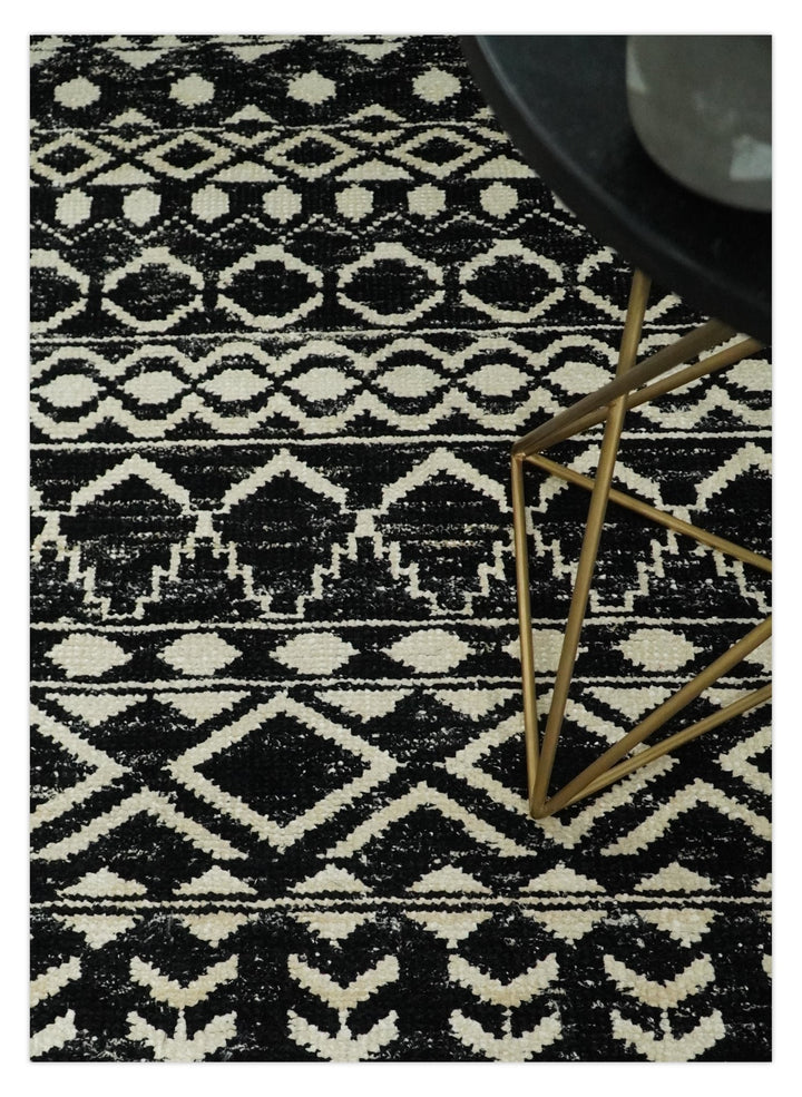 8x10 Hand Knotted Black and Ivory Modern Contemporary Southwestern Tribal Trellis Recycled Silk Area Rug | OP11 - The Rug Decor