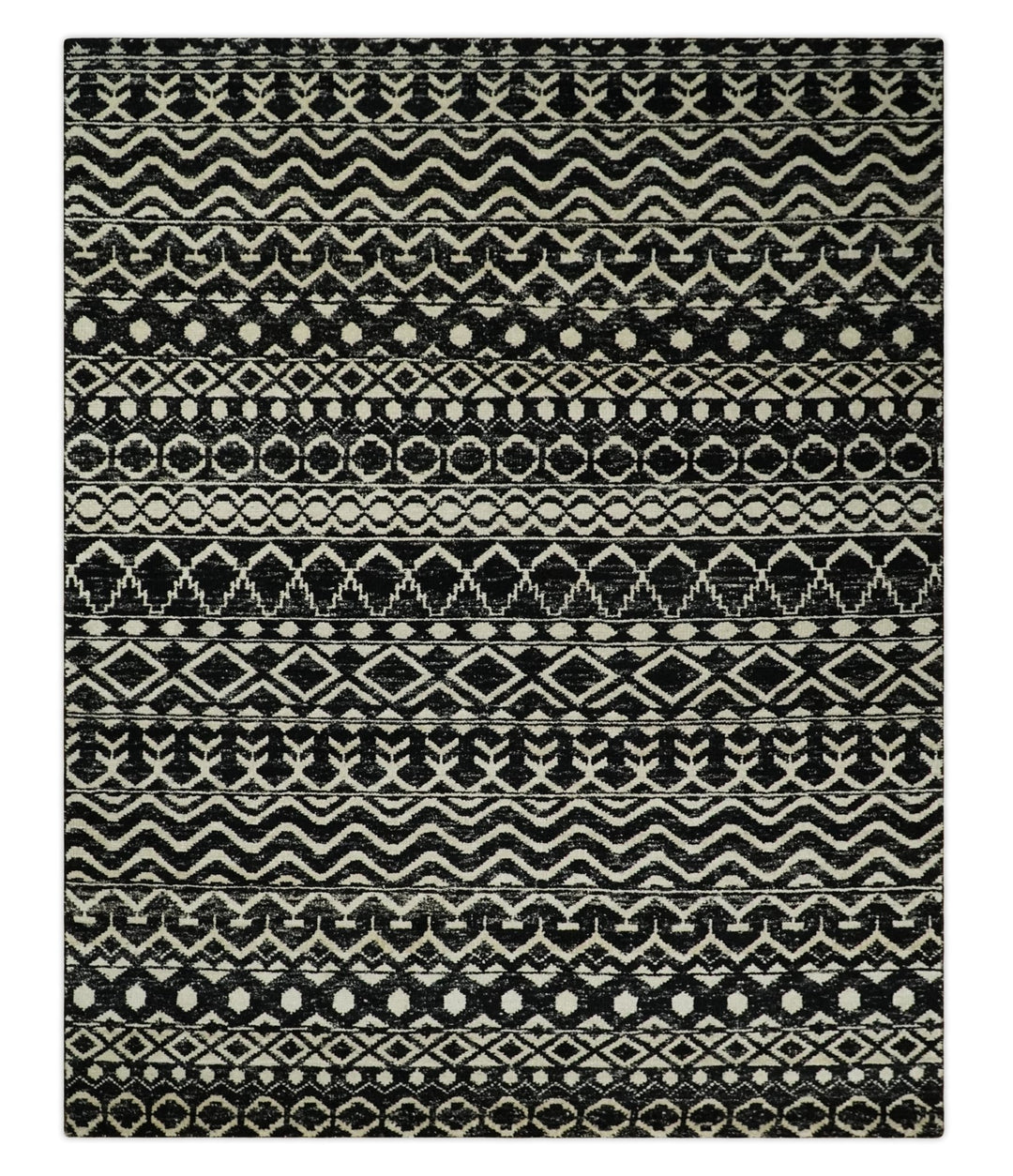 8x10 Hand Knotted Black and Ivory Modern Contemporary Southwestern Tribal Trellis Recycled Silk Area Rug | OP11 - The Rug Decor