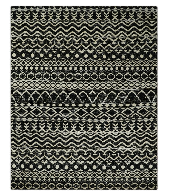 8x10 Hand Knotted Black and Ivory Modern Contemporary Southwestern Tribal Trellis Recycled Silk Area Rug | OP11 - The Rug Decor