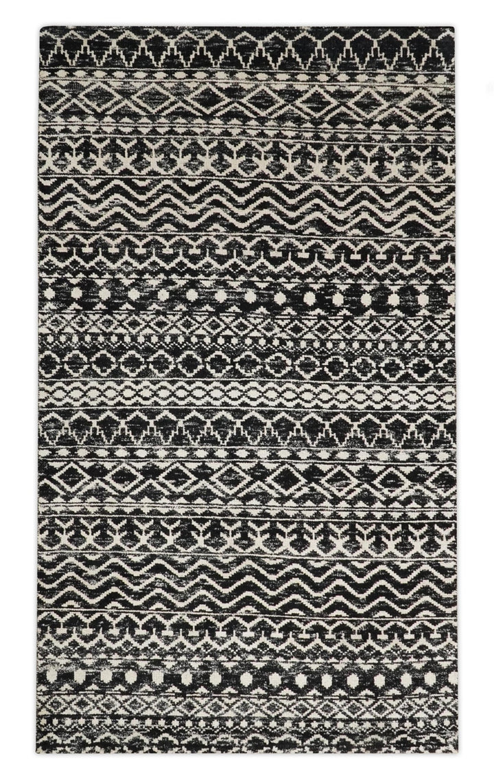 8x10 Hand Knotted Black and Ivory Modern Contemporary Southwestern Tribal Trellis Recycled Silk Area Rug | OP11 - The Rug Decor