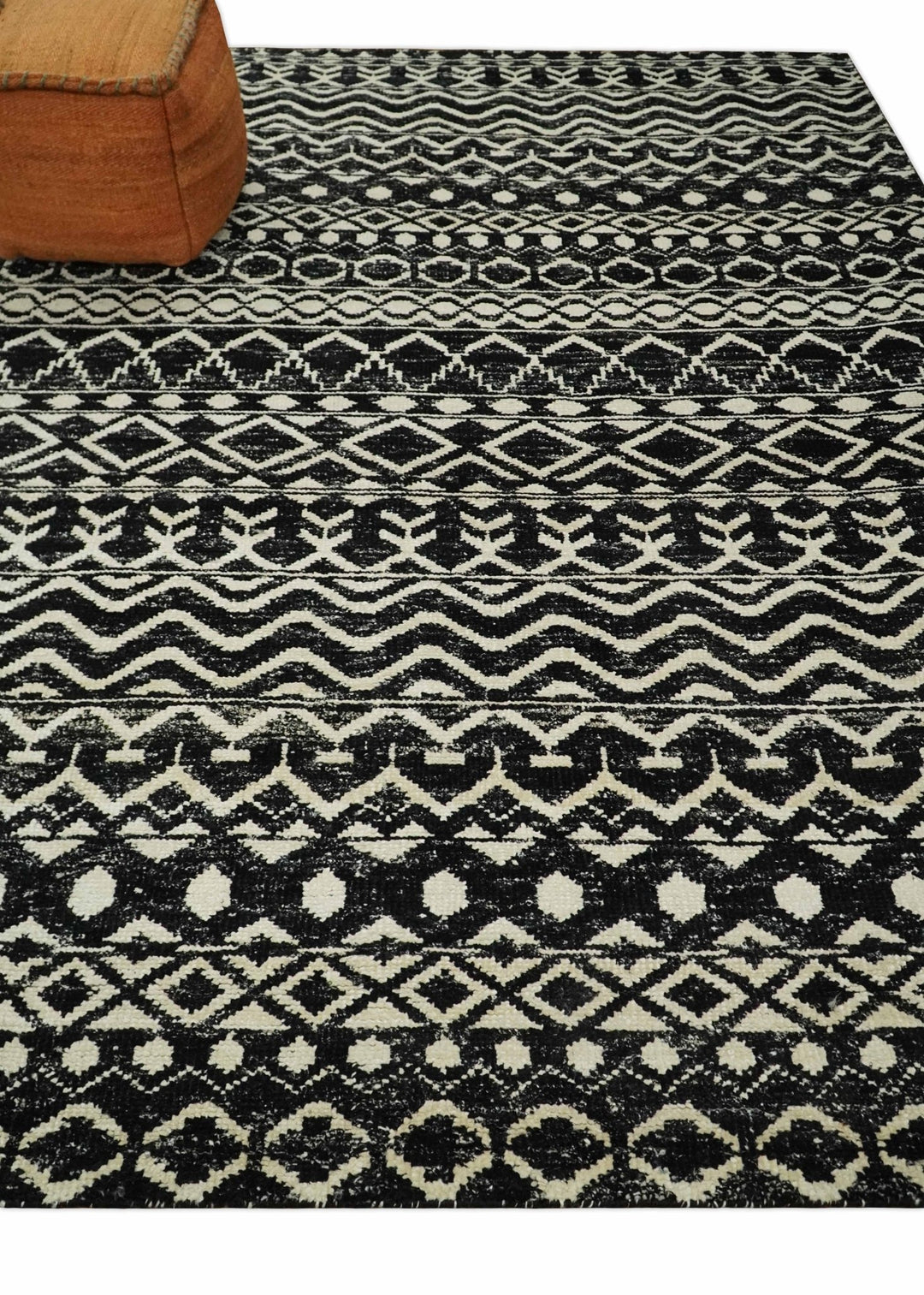 8x10 Hand Knotted Black and Ivory Modern Contemporary Southwestern Tribal Trellis Recycled Silk Area Rug | OP11 - The Rug Decor