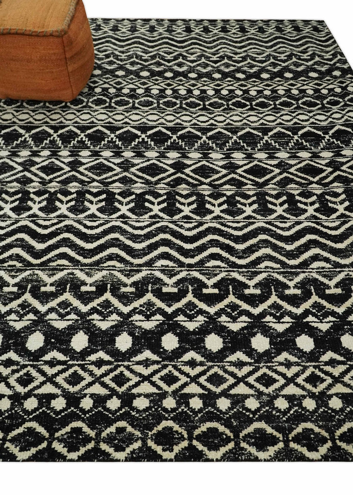 8x10 Hand Knotted Black and Ivory Modern Contemporary Southwestern Tribal Trellis Recycled Silk Area Rug | OP11 - The Rug Decor