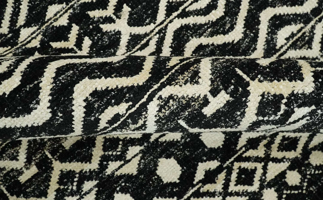 8x10 Hand Knotted Black and Ivory Modern Contemporary Southwestern Tribal Trellis Recycled Silk Area Rug | OP11 - The Rug Decor
