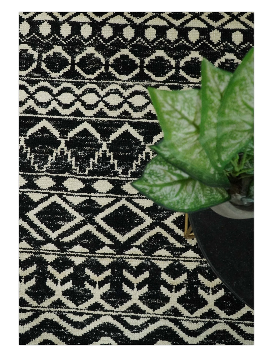 8x10 Hand Knotted Black and Ivory Modern Contemporary Southwestern Tribal Trellis Recycled Silk Area Rug | OP11 - The Rug Decor