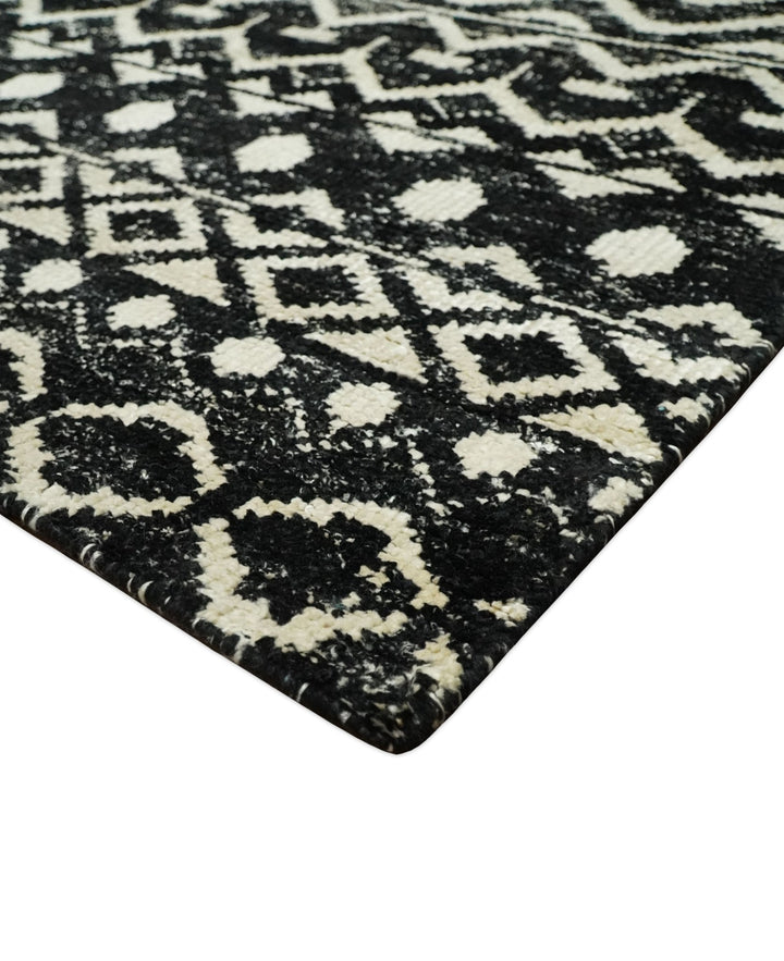 8x10 Hand Knotted Black and Ivory Modern Contemporary Southwestern Tribal Trellis Recycled Silk Area Rug | OP11 - The Rug Decor
