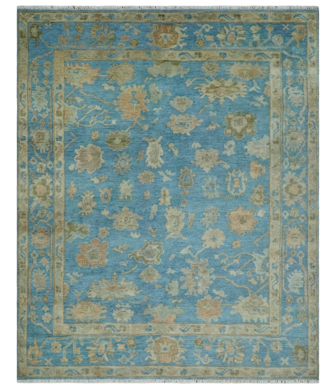 8x10 Hand knotted Blue and Beige Traditional Oushak Wool Area Rug - The Rug Decor