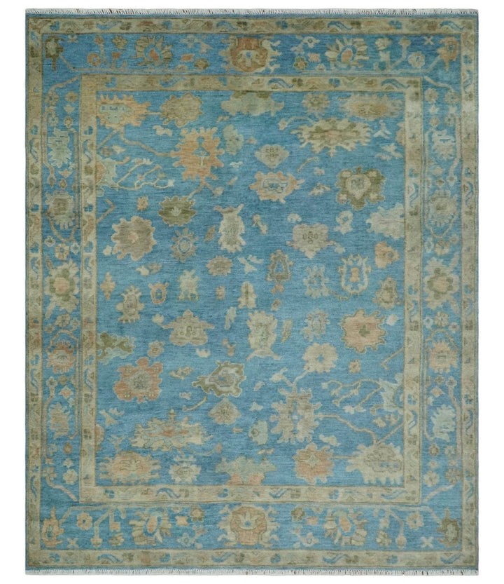 8x10 Hand knotted Blue and Beige Traditional Oushak Wool Area Rug - The Rug Decor