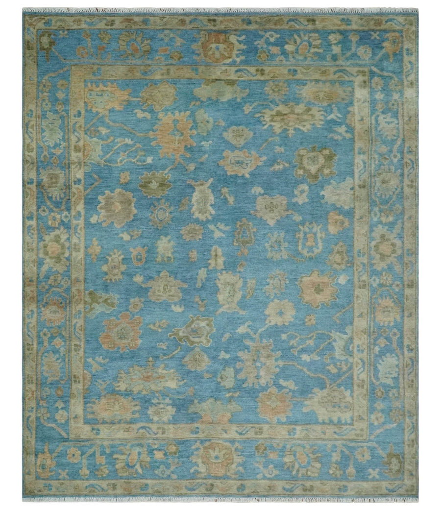 8x10 Hand knotted Blue and Beige Traditional Oushak Wool Area Rug - The Rug Decor