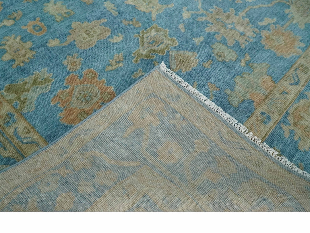8x10 Hand knotted Blue and Beige Traditional Oushak Wool Area Rug - The Rug Decor