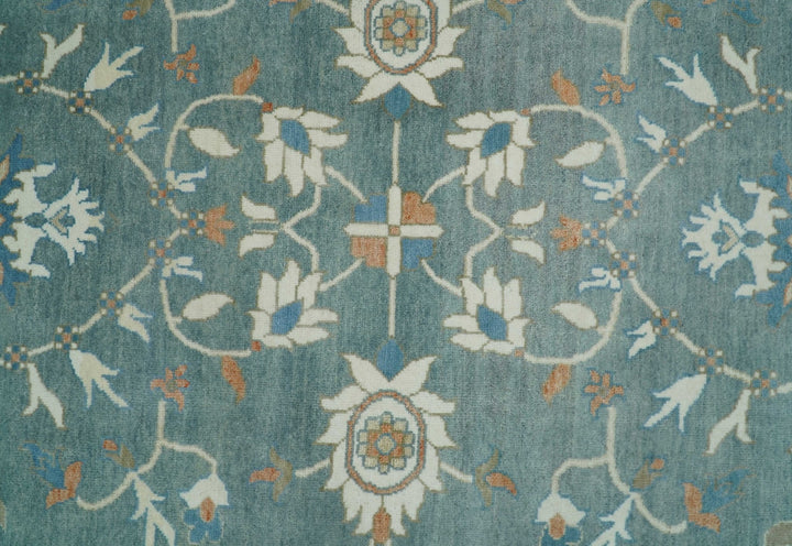 8x10 Hand Knotted Blue and Beige Traditional Vintage Turkish Oushak Antique Wool Rug | TRDCP756810 - The Rug Decor