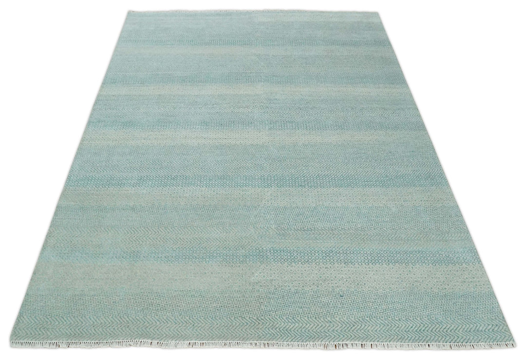 8x10 Hand Knotted Blue and Ivory Modern Geometric Trellis Scandinavian Wool Area Rug | TRDCP931810 - The Rug Decor