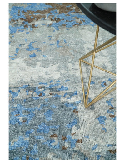 8x10 Hand Knotted Blue and Silver Modern Abstract Low Pile Contemporary Wool Rug | TRD2650 - The Rug Decor