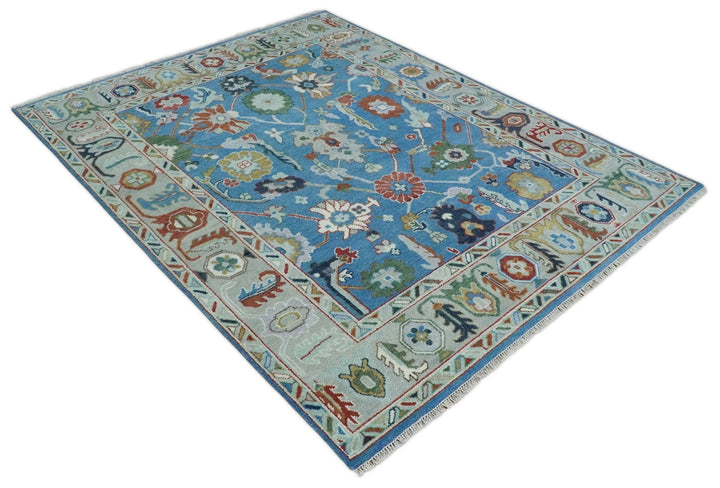 8x10 Hand Knotted Blue and Silver Traditional Persian Oushak Wool Rug | TRDCP980810 - The Rug Decor