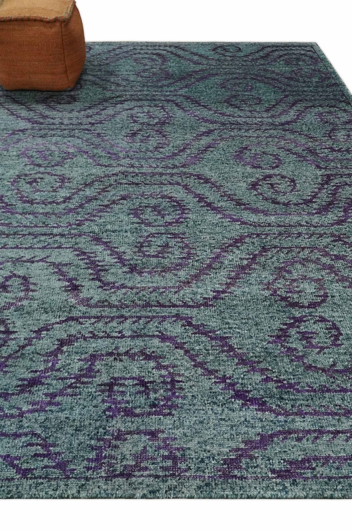 8x10 Hand Knotted Blue, Gray and Purple Modern Contemporary Southwestern Tribal Trellis Recycled Silk Area Rug | OP32 - The Rug Decor