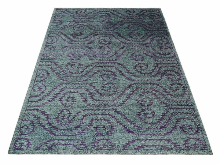 8x10 Hand Knotted Blue, Gray and Purple Modern Contemporary Southwestern Tribal Trellis Recycled Silk Area Rug | OP32 - The Rug Decor