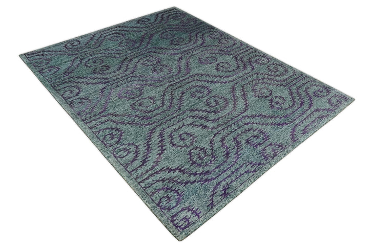 8x10 Hand Knotted Blue, Gray and Purple Modern Contemporary Southwestern Tribal Trellis Recycled Silk Area Rug | OP32 - The Rug Decor