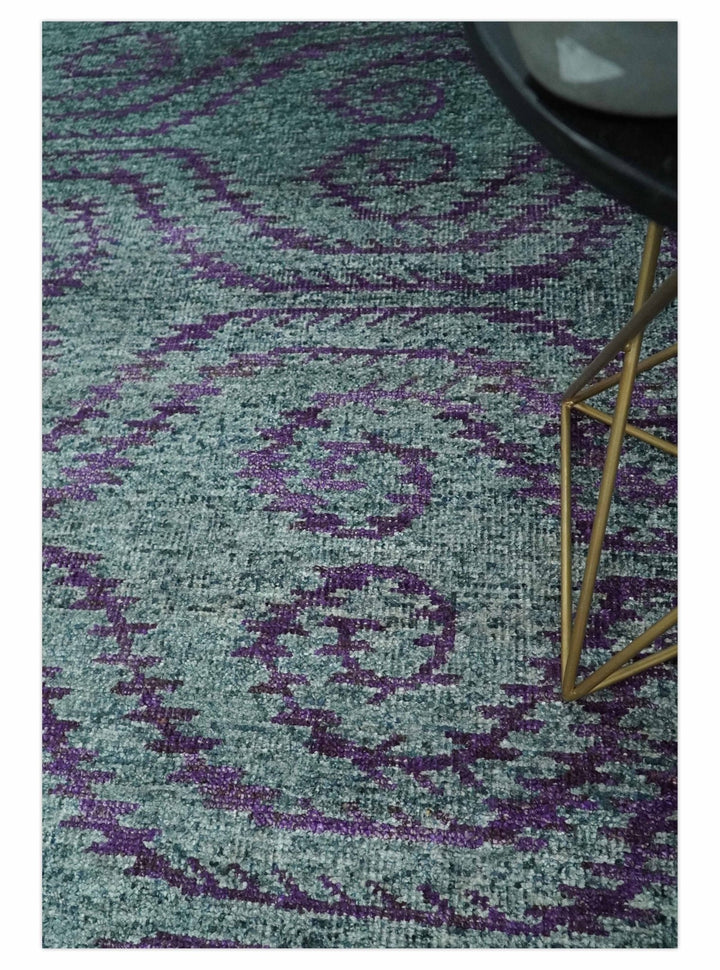 8x10 Hand Knotted Blue, Gray and Purple Modern Contemporary Southwestern Tribal Trellis Recycled Silk Area Rug | OP32 - The Rug Decor