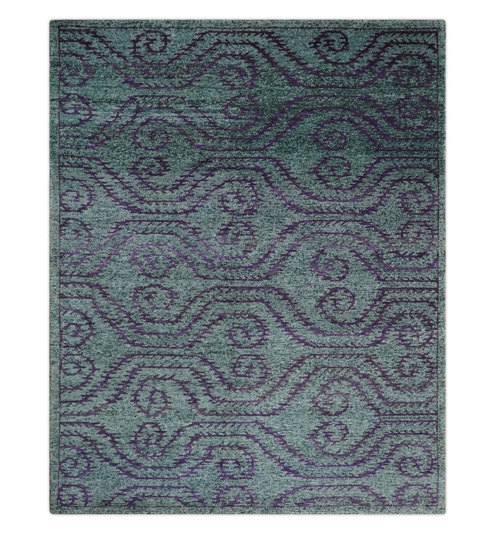 8x10 Hand Knotted Blue, Gray and Purple Modern Contemporary Southwestern Tribal Trellis Recycled Silk Area Rug | OP32 - The Rug Decor