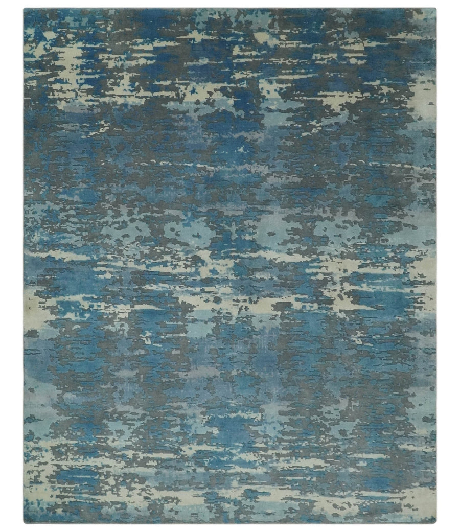 8x10 Hand Knotted Blue, Ivory and Charcoal Abstract Wool Area Rug - The Rug Decor