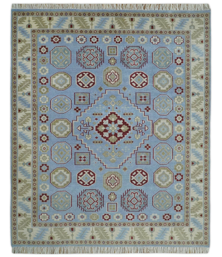 8x10 Hand Knotted Blue, Ivory, Beige and Rust Traditional Persian Oushak Wool Rug | AC8810 - The Rug Decor