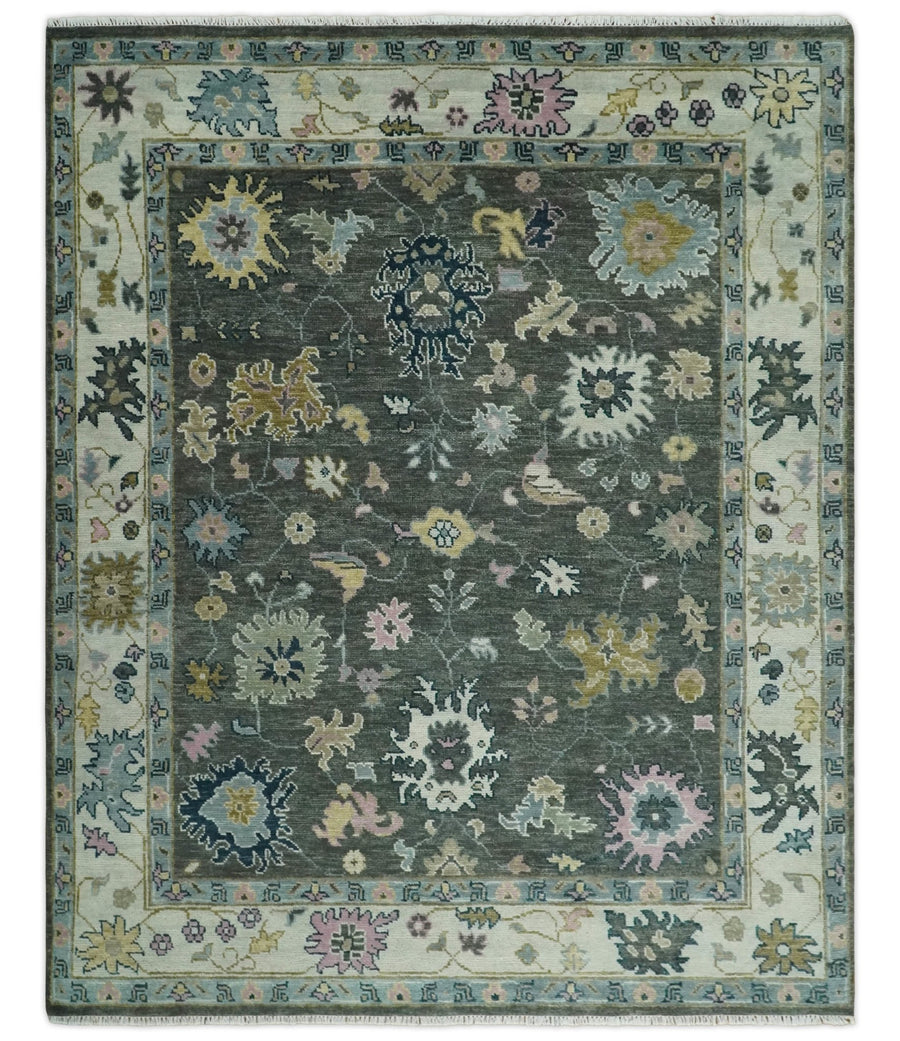 8x10 Hand Knotted Charcoal and Ivory Traditional Vintage Antique Persian Wool Rug | TRDCP891810 - The Rug Decor
