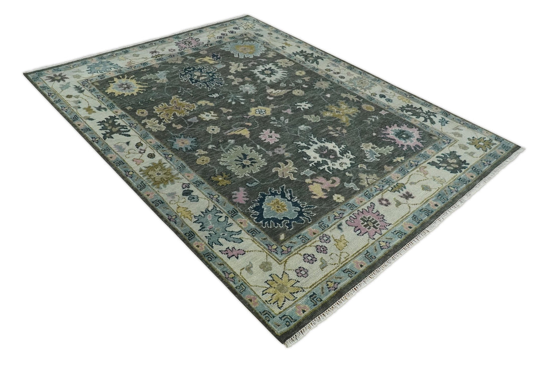 8x10 Hand Knotted Charcoal and Ivory Traditional Vintage Antique Persian Wool Rug | TRDCP891810 - The Rug Decor