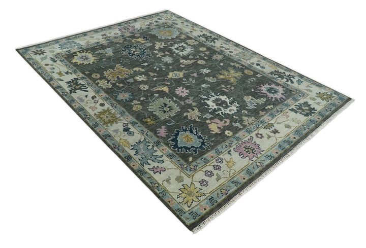 8x10 Hand Knotted Charcoal and Ivory Traditional Vintage Antique Persian Wool Rug | TRDCP891810 - The Rug Decor