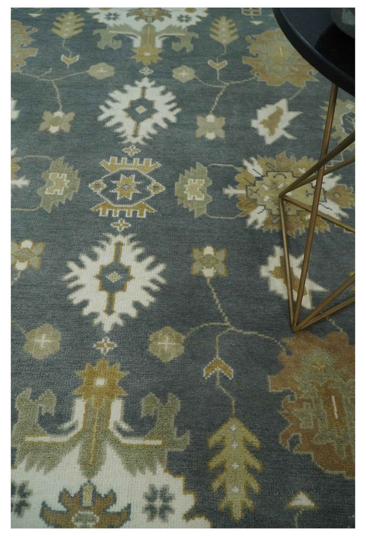 8x10 Hand Knotted Charcoal, Ivory and Beige Traditional Oriental Oushak Wool Rug - The Rug Decor