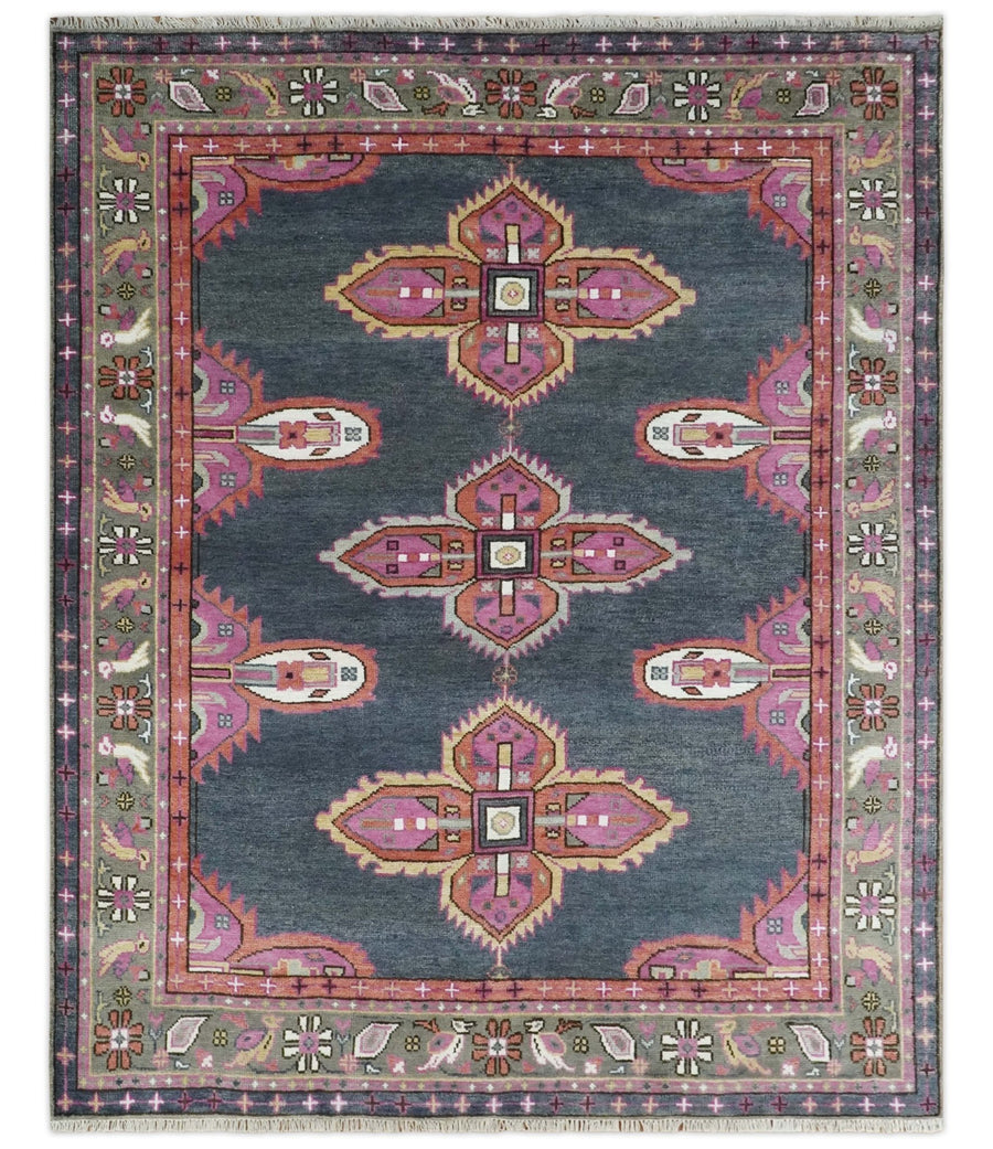 8x10 Hand Knotted Charcoal, Silver and Pink Traditional Wool Area Rug - The Rug Decor