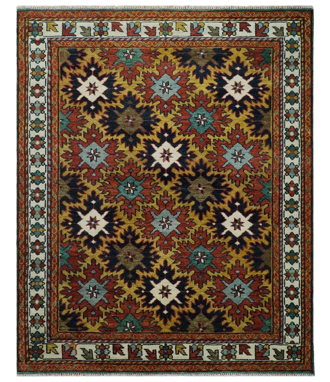 8x10 Hand Knotted Geometrical Rust, Black and Gold Floral Area Rug | TRDCP1368810 - The Rug Decor