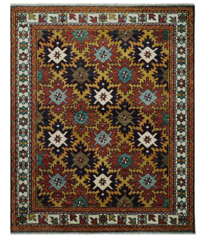 8x10 Hand Knotted Geometrical Rust, Black and Gold Floral Area Rug | TRDCP1368810 - The Rug Decor