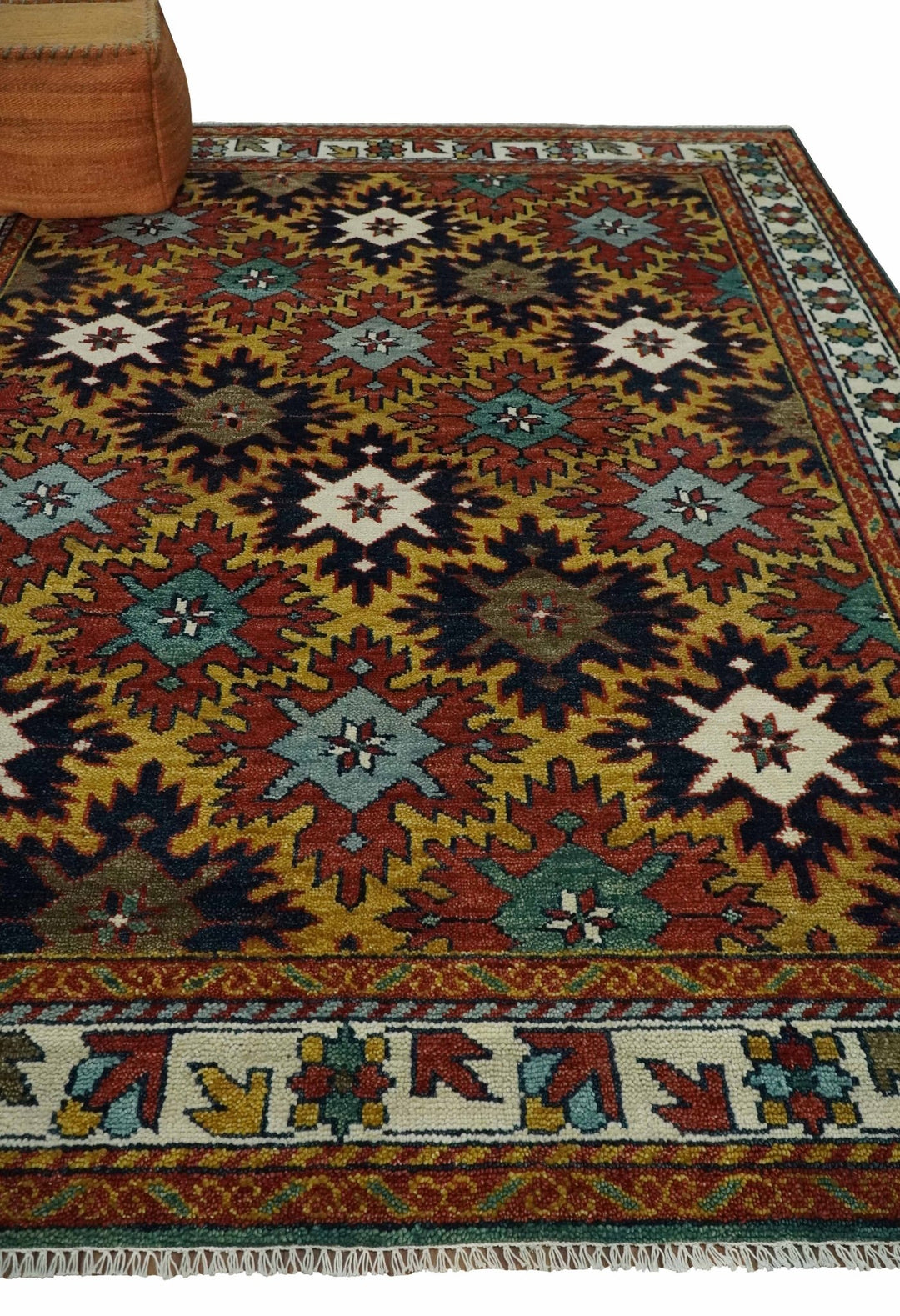 8x10 Hand Knotted Geometrical Rust, Black and Gold Floral Area Rug | TRDCP1368810 - The Rug Decor