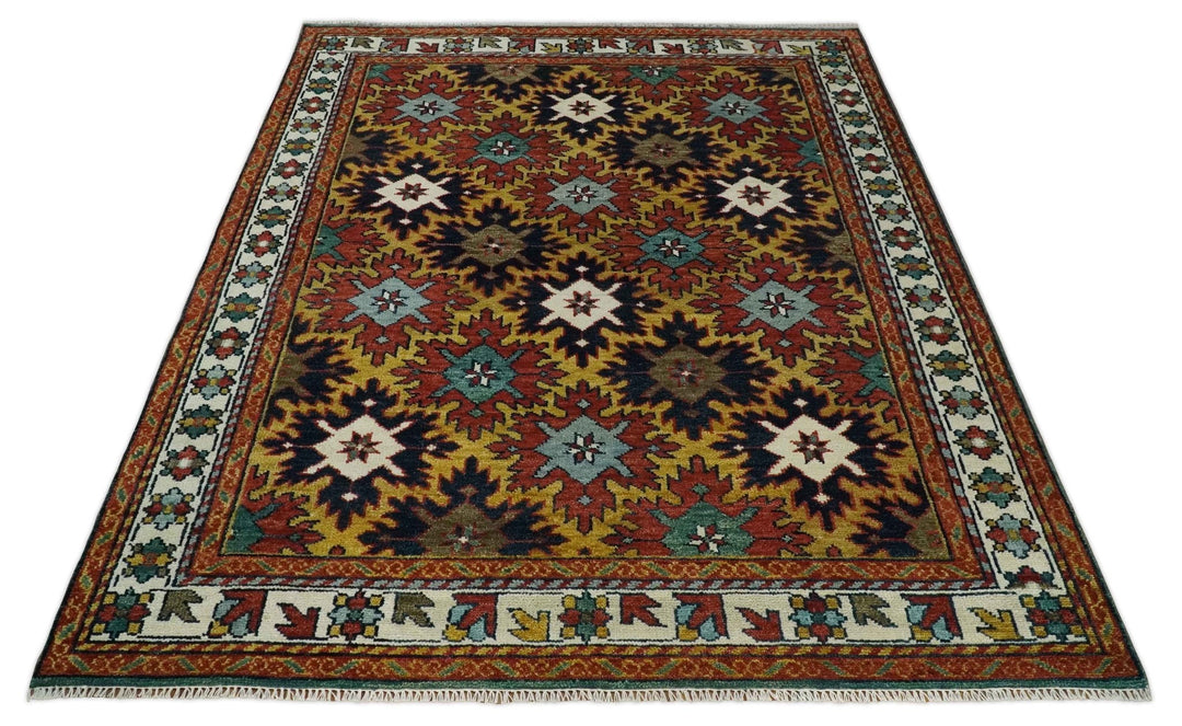 8x10 Hand Knotted Geometrical Rust, Black and Gold Floral Area Rug | TRDCP1368810 - The Rug Decor