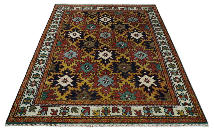8x10 Hand Knotted Geometrical Rust, Black and Gold Floral Area Rug | TRDCP1368810 - The Rug Decor