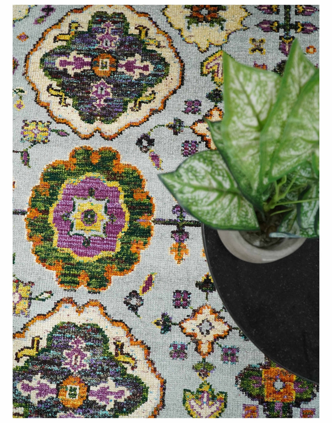 8x10 Hand Knotted Gold, Rust and Blue Persian Oushak made of Recycled Silk Area Rug | OP7 - The Rug Decor