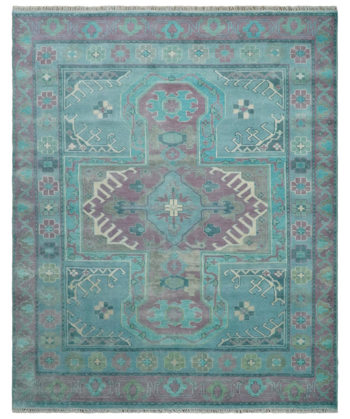 8x10 Hand Knotted Heriz Serapi Aqua, Pink and Ivory Floral Area Rug | TRDCP1369810 - The Rug Decor